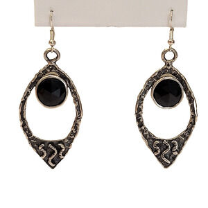 Tear Drop Pierced Earrings Hammered Silver Round Black Stone 2 inch drop